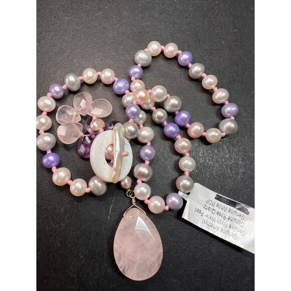 NEW multi color freshwater pearl, rose quartz and amethyst necklace - Picture 7 of 12